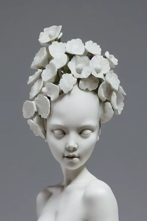 Image similar to full head and shoulders, beautiful female porcelain sculpture by daniel arsham and audrey kawasaki, smooth, all white features on a white background, delicate facial features, white eyes, white lashes, detailed white 3 d giant poppies on the head