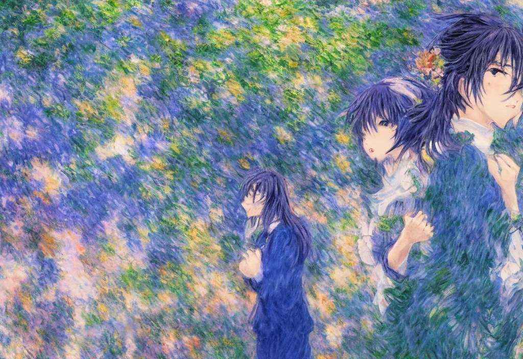 Prompt: anime scenery, blue outfit, very anime in impressionist style, trending artwork, anime painter studio, by claude monet