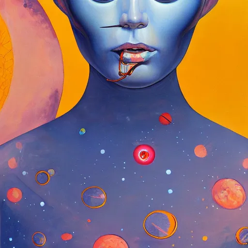 Prompt: oil painting of a humanoid lady lost in space, james jean