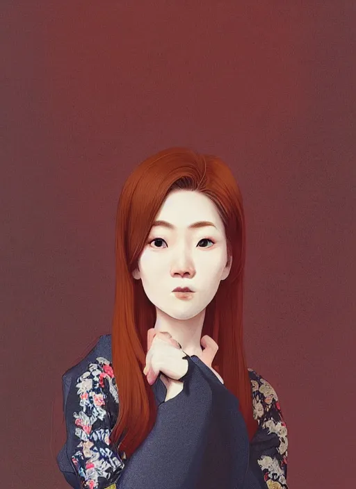 Prompt: a portrait of a 20 year old Asian woman with ginger hair and a witty expression wearing a traditional silk dress with very long sleeves by ilya kuvshinov and Cushart Krentz and Gilleard James