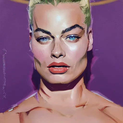 Image similar to greg manchess portrait of margot robbie as thick female bodybuilder zarya from overwatch in disco elysium, 6 7 4, epic grimdark, fantasy, medium shot, asymmetrical, profile picture, organic painting, sunny day, matte painting, bold shapes, hard edges, street art, trending on artstation, by huang guangjian and gil elvgren and sachin teng