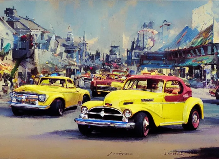 Prompt: hotrods driving down a street , vintage, high detail, 4K, by John Berkey