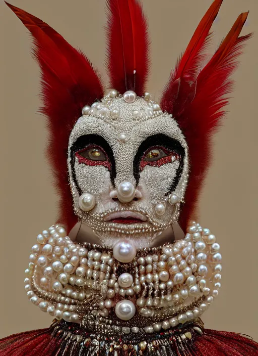 Image similar to hyperrealism, detailed textures, award winning autochrome photo, symetrical japanese pearl, beautiful animal pearl queen, autochrome pearl portrait, pearls, red feathers, silverplate, intricate, detailed facial pearl scary animal mask, pearl, golden jewelery, silverplate, ultra realistic, cinematic, intricate, by steve mccurry, unreal engine 8 k