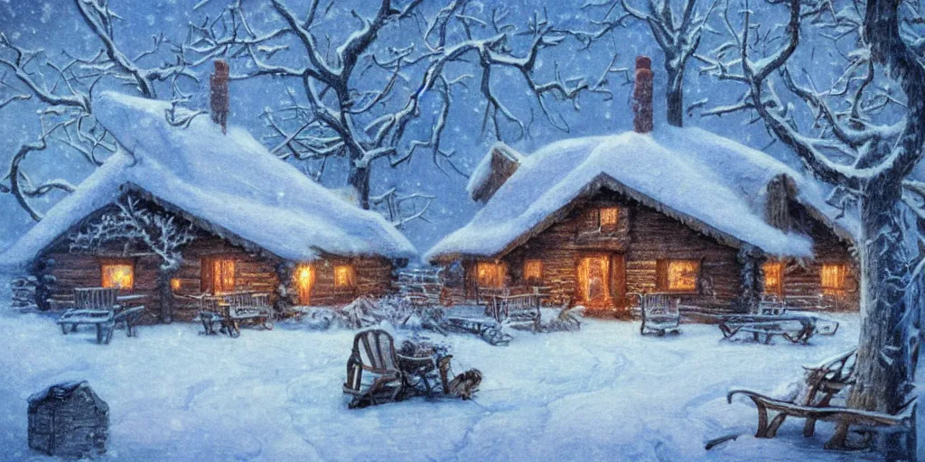 Prompt: a warm cabin in the snow, winter wonderland, cozy, nostalgia, Christmas, warmness, artwork in the style of Alan Lee