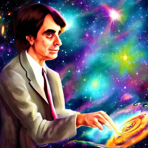 Prompt: an epic award - winning photo of younger carl sagan getting high on the show cosmos, galaxies, nebulae, hubble, james webb space telescope, digital painting bioluminance / n 4