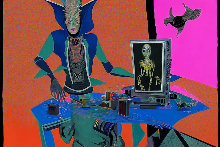 Image similar to a highly detailed beautiful masterpiece painting of a technomancer wizard in dazzle camouflage robes with pointed hood discussing sentience with his synthesized AI djinn hologram in his laboratory near a computer by Remedios Varo and Anato Finnstark and Greg Rutkowski and Andy Warhol and Francis Picabia and Artgerm, dayglo pink, dayglo blue, prismatic, pearlescent white, raven black, glowing, hyperrealism, 8k, trending on ArtStation, maximalist, rendered in Octane, rendered in Unreal engine, award winning, volumetric lighting