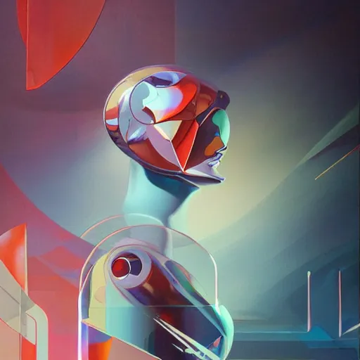 Image similar to scifi futurism automaton minimalism chrome by peter mohrbacher art Hajime Sorayama airbrush hyperrealism model abstract shatter fragments cubism futurism pastel blue soft flat minimal minimalism portrait face jackson pollock ukiyo-e lithograph mark ruthko swirl escape noise shimmer glow paint