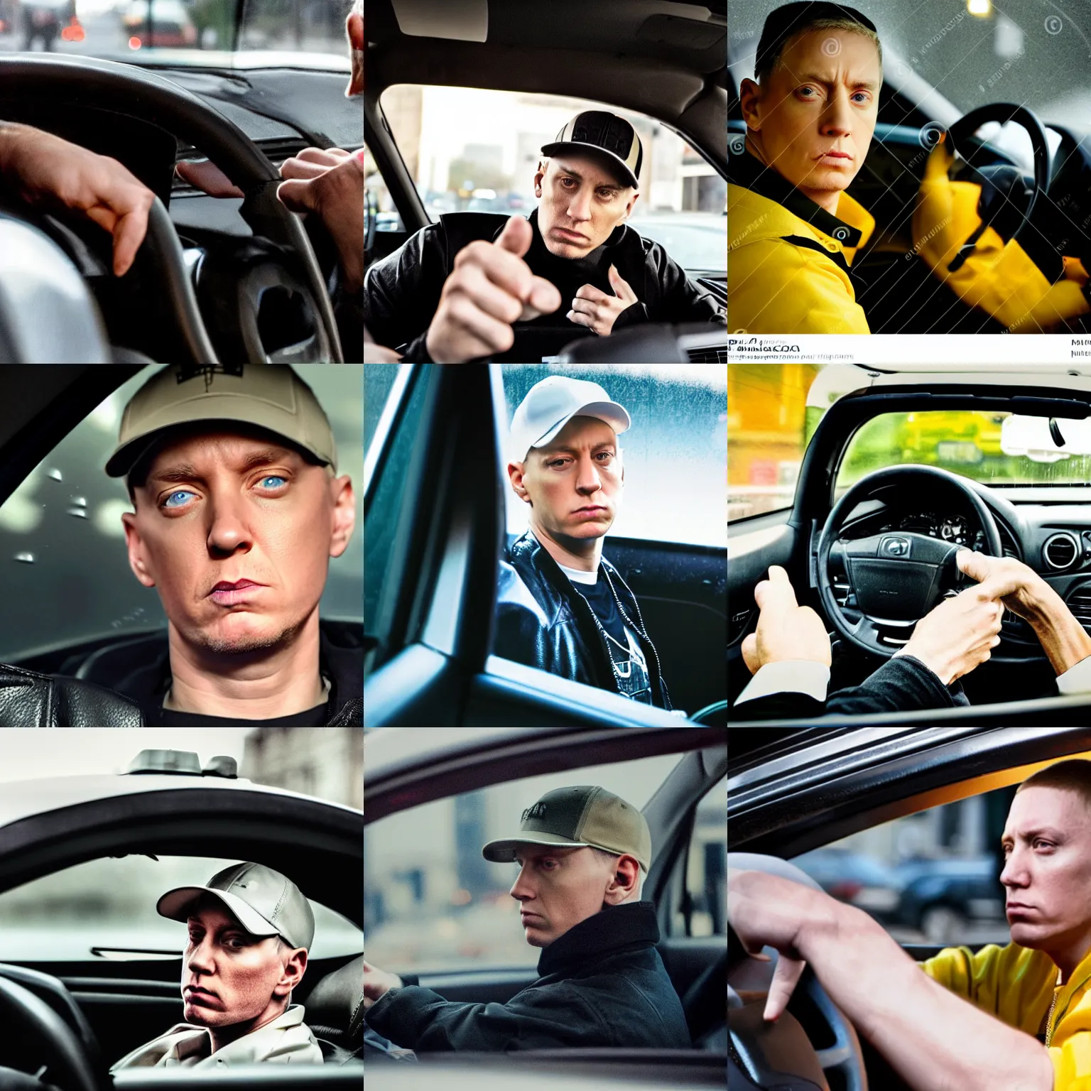 Prompt: Eminem as a taxi driver with steering wheel in his hands looking at you from the car, shot from professional camera, ultra realistic, rim light, rainy weather, vivid lights
