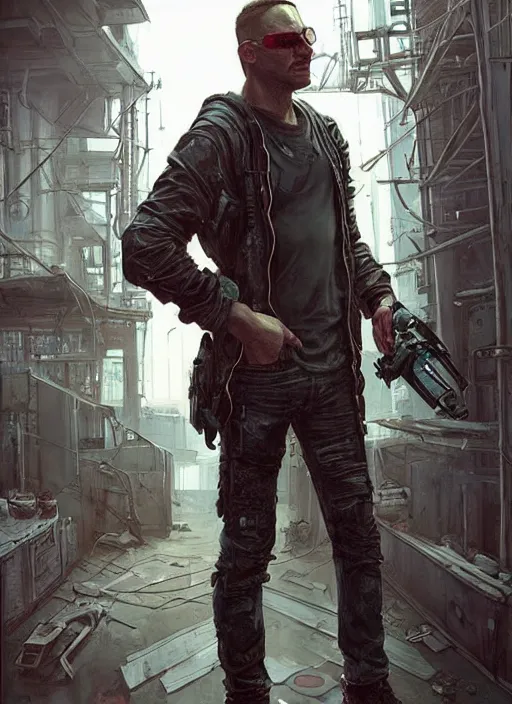 Image similar to Dumb Bubba. Buff cyberpunk meathead losing a fight. Realistic Proportions. Epic painting by James Gurney and Laurie Greasley. Moody Industrial setting. ArtstationHQ. Creative character design for cyberpunk 2077.