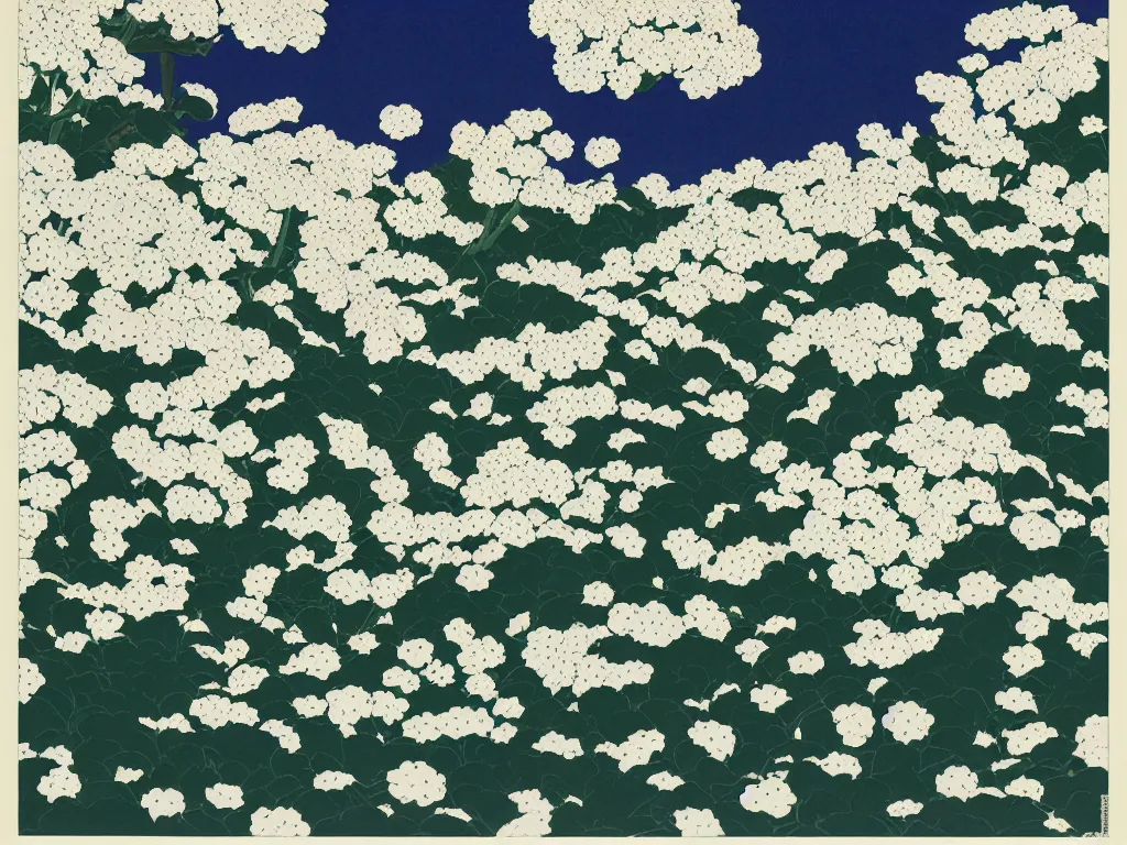 Prompt: two species of plants that have white flowers that either point inwards or out. The inwards pointing ones give hallucinations and are safe, while the white that point out are deadly, flat design, screen print by Kawase Hasui, jeffrey smith and Yves Klein