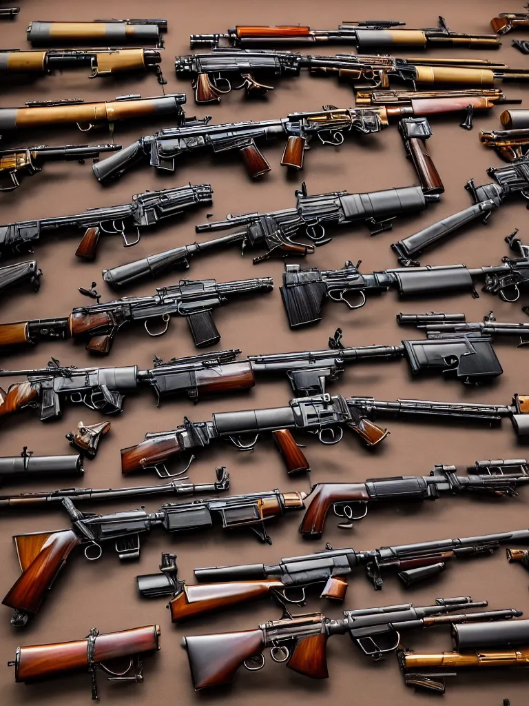 Prompt: kaleidoscope of machine guns, shotguns, rifles, revolvers, bullets, ultra-realistic, intricate details photograph