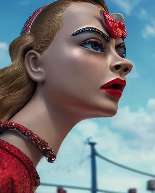Prompt: highly detailed closeup, face profile portrait of a tin toy retro 1 9 5 0 s cara delevingne, bikini, depth of field, zeiss lens, fashion photoshoot by max fleischer, breathtaking, detailed and intricate environment, 8 k resolution, extremely detailed, beautiful, establishing shot, artistic, hyperrealistic, octane render