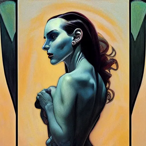 Image similar to a streamline moderne painting in the style of donato giancola, and in the style of charlie bowater, and in the style of alphonse mucha. symmetry, smooth, sharp focus, semi - realism, intricate detail.