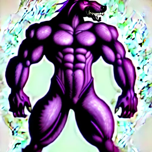 Image similar to giant anthropomorphic muscular purple wolf dragon, generic furry style, wearing jeans, deviantart, professional furry drawing, insanely detailed, artistic design, wolf - like face, doing a pose from jojo's bizarre adventure, detailed muscles, exaggerated features, beautiful shading, studio lighting