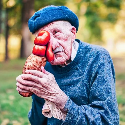 Prompt: An elderly man with a sausage for a nose, Canon EOS R3, f/1.4, ISO 200, 1/160s, 8K, RAW, unedited, symmetrical balance, in-frame