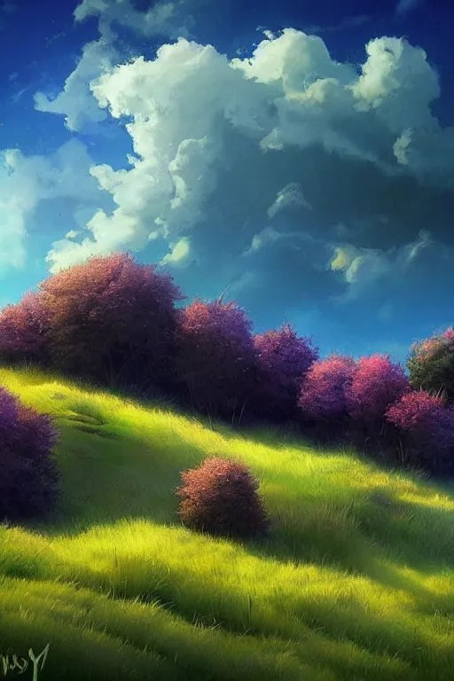 Prompt: grassy hills trees flowers and fantasy sky, through clouds blue sky, andreas rocha style and james gurney