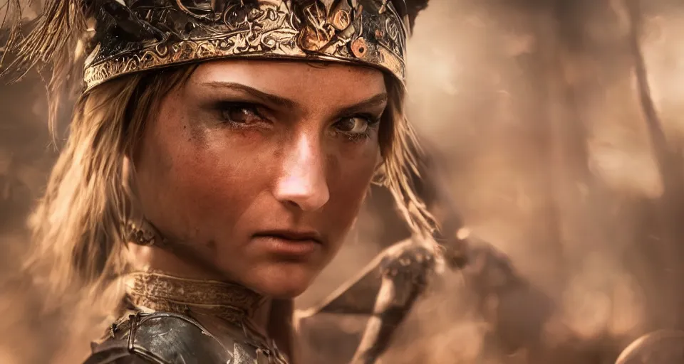 Image similar to close - up photo of a beautiful warrior princess in a battle scene, shallow depth of field, photorealistic, cinematic lighting, warm colours, dusk