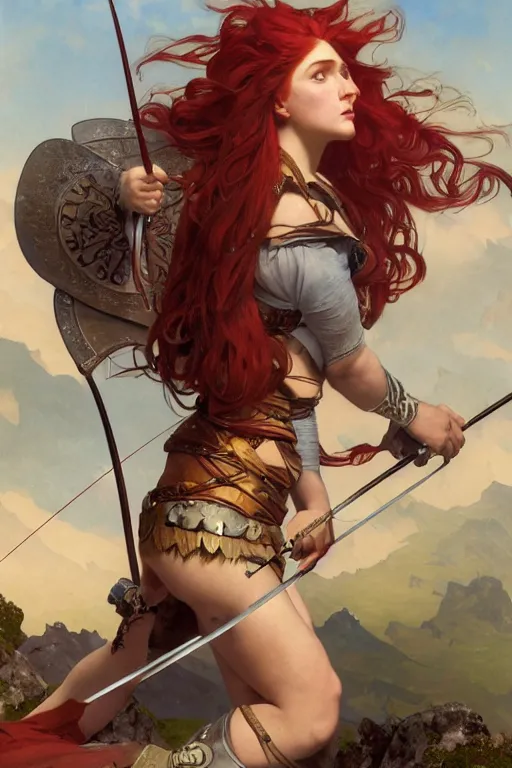 Prompt: full - body matte portrait of a beatiful voluptuous female archer with long red hair in a heroic pose at the top of a mountain holding a silver greatbow, tied leather armor, art by albert bierstadt, alphonse mucha, andreas rocha, greg rutkowski, sharp edges. ultra clear detailed. 8 k. elegant. octane render