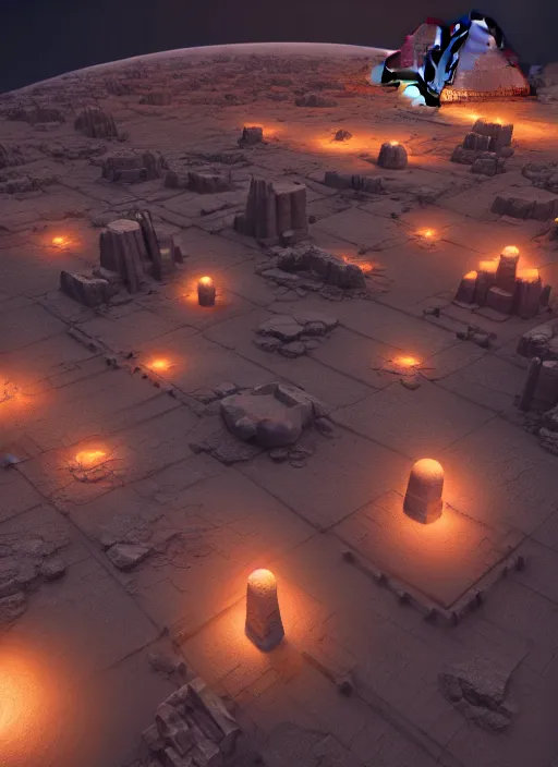 Prompt: isometric view, video game level design of a planet surface with ancient structures, Egyptian, unreal engine, Arnold render, octane render, moody, night, highly detailed, volumetric lighting, glow