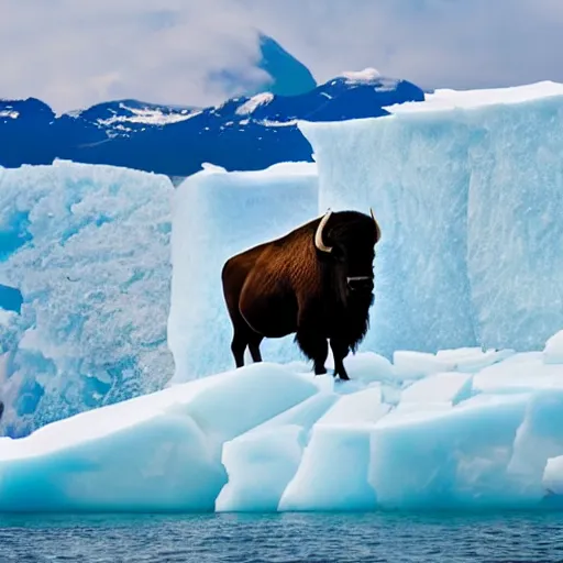 Image similar to photo of a bison on an iceberg in the ocean with peppermint candy sticking out of the sides of the iceberg, 5 0 mm, beautiful photo