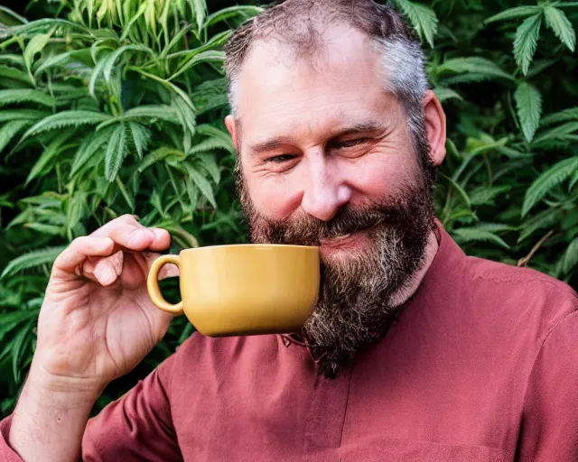 Image similar to mr robert is drinking fresh tea, smoke weed and meditate in a garden from spiral mug, detailed smiled face, short beard, golden hour, red elegant shirt