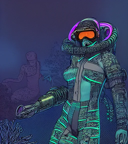 Image similar to a cyberpunk diver Polynesian woman swims through a dark bioluminescent alien coral reef, techwear, Industrial Scifi, detailed illustration, character portrait, by Martin Grip and Moebius