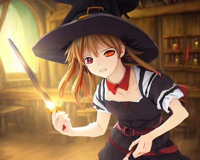 Image similar to key anime visual portrait of a young female witch carrying a backpack in a tavern interior, dynamic pose, dynamic perspective, cinematic, dramatic lighting, muted colors, fine detail, textured, big detailed eyes, anatomical proportions