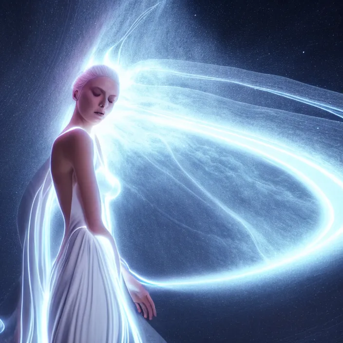 Image similar to a beautiful female goddess, in a flowing white translucent gown, entwined by light frequencies and wiring, octane render, floating in the universe, surrounded by stars and black holes, darkly surreal, light shining through, hyper - realistic, highly detailed, sharp focus, smooth, intricate