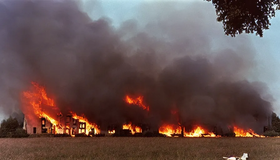 Image similar to 1 9 7 0 s movie still of a burning french style townhouse in a field, cinestill 8 0 0 t 3 5 mm, high quality, heavy grain, high detail, texture, dramatic light, ultra wide lens, panoramic anamorphic, hyperrealistic