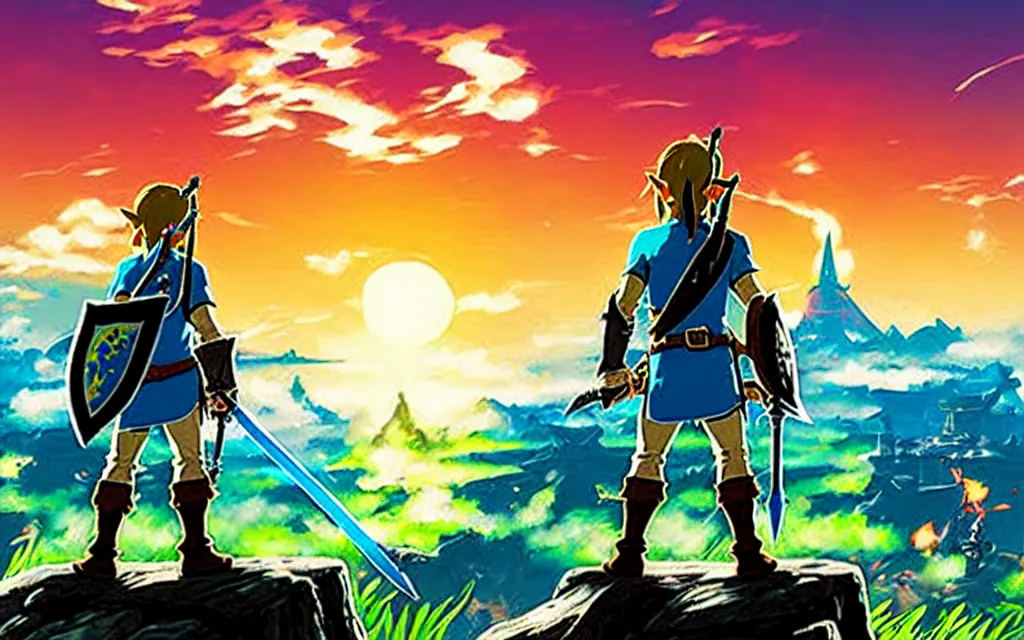 Image similar to photograph of Link from behind, from the game Breath of the Wild, with the master sword hanging across his back, watching the sunset, highly detailed