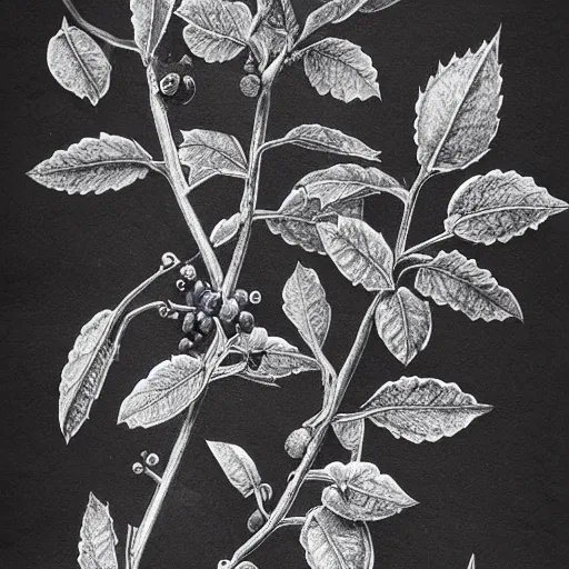 Image similar to botanical drawing of blueberry bush. Traditional art. Rustic. Nordic. Trending on artstation. Detailed. Shrub. Nature. Artistic.