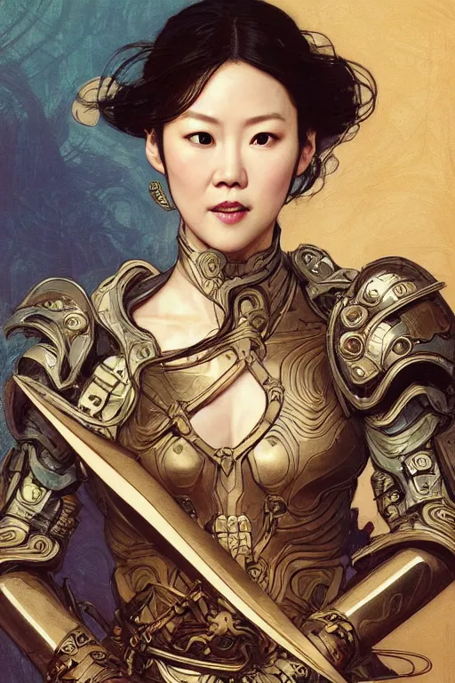 Image similar to head and shoulders portrait of zhang ziyi in armour, by eve ventrue, michael carson, andreas rochas, john watkiss, casey weldon, artgerm. art nouveau. tarot card by mucha. gloomhaven. swirly intricate linework background. gaudy colors, sharp edges. octane render