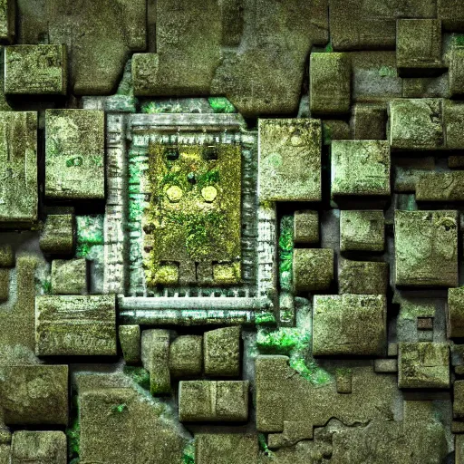 Prompt: An ancient and mysterious computer Integrated Circuit made of stone, mossy foliage, gritty stone texture, terminal screen with an entry menu, large humid, a shaded room with water dripping from the side and huge hallways going to all sides, high ceilings, artistic render, mist, soft light ray