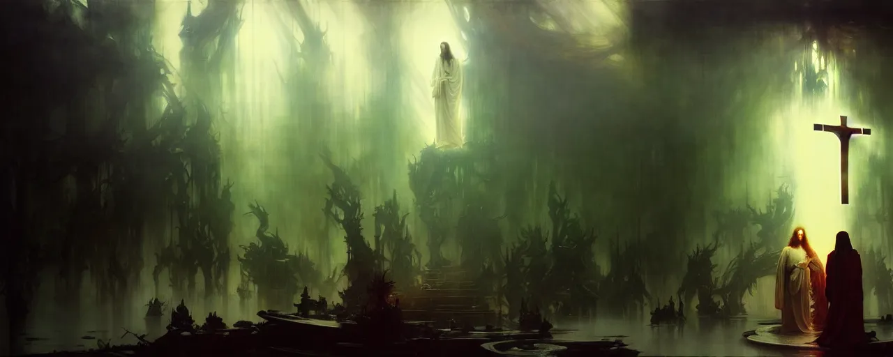 Image similar to the second coming of jesus christ, intricate concept art, ethereal, ominous, dramatic lighting, Ruan Jia and Jeremy Mann and Alphonse Mucha