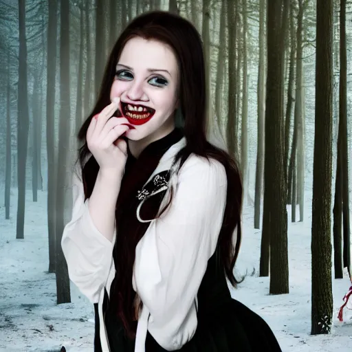 Image similar to a vampire girl with a smug smile on her pure white face, shes holding a key in her right hand and she is staring into your soul, in the background a dark red forest is burning to ashes