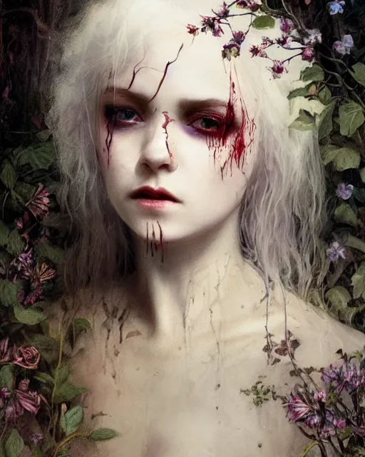 Prompt: a beautiful but creepy young woman in layers of fear, with haunted eyes, violence in her eyes, crazy white hair, wearing a punk outfit, 1 9 7 0 s, seventies, delicate embellishments, a little blood, woodland, moonlight shining on wildflowers, painterly, offset printing technique, by alexandre cabanel