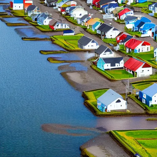 Image similar to row of houses all connected by water in aquaducts , there are boats traveling between the houses as boats are the main means of transportation is a boat on a bright sunny day in iceland