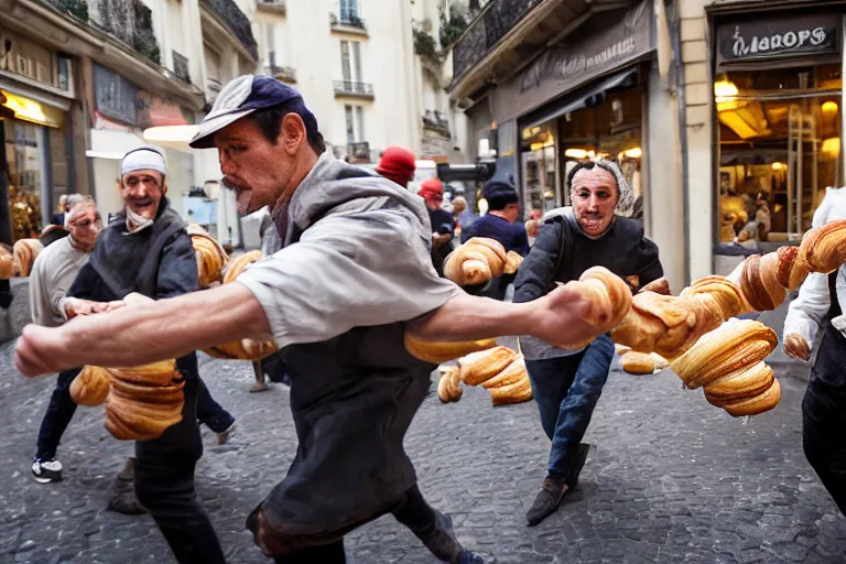 Image similar to closeup potrait of bakers fighting croissants in a paris street, natural light, sharp, detailed face, magazine, press, photo, Steve McCurry, David Lazar, Canon, Nikon, focus