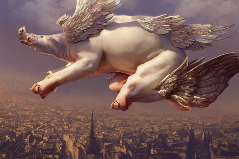 Image similar to a flying pig with angelic wings, flying over Paris, highly detailed, digital painting, artstation, concept art, smooth, sharp focus, illustration, wallpaper, art by artgerm and greg rutkowski and alphonse mucha and jin xiaodi and anthony devine