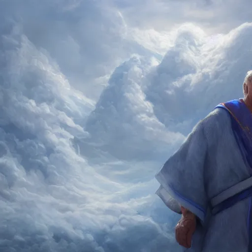 Image similar to robin williams is god, white beard, blue eyes, white robe, clouds, heaven, intricate, detailed, volumetric lighting, scenery, digital painting, highly detailed, artstation, sharp focus, illustration, concept art, ruan jia, steve mccurry