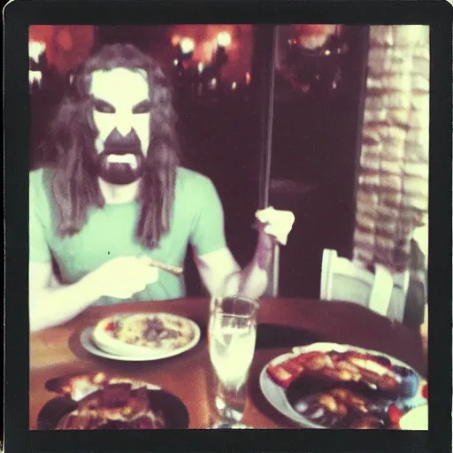 Prompt: horrible eldritch god at a sunday brunch, in the style of a polaroid photo