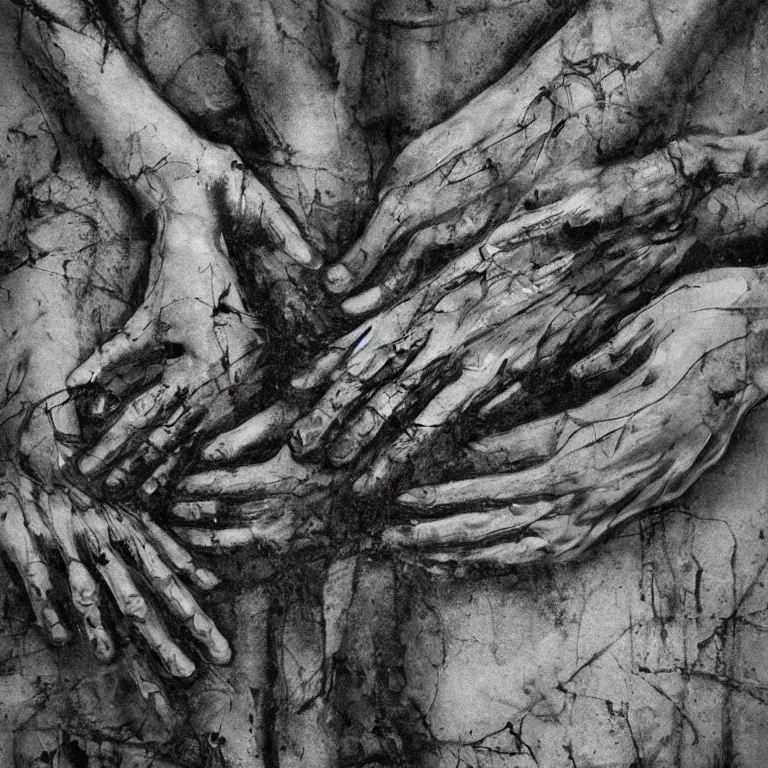 Image similar to Never-before-scene unique monochromatic abstract artwork with a very creative composition, symbolism and motifs, as well as scratches, multi-layered textures and innuendos of human limbs and hands.