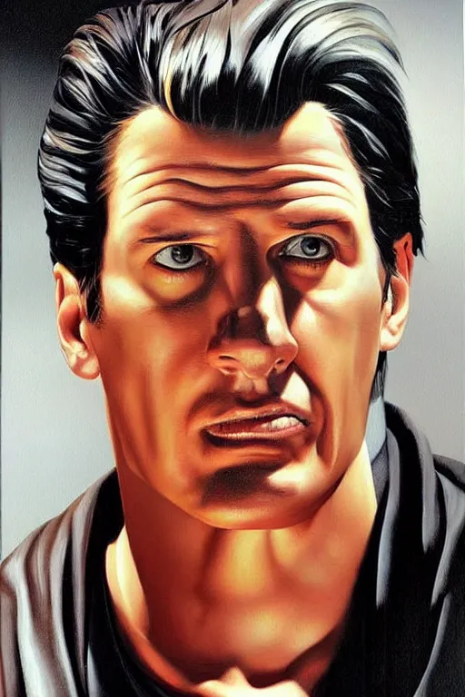 Prompt: expressive exaggerated portait painting of zak bagans by alex ross!!!, phil hale!!!!, visible brush strokes, graphic,'action lines '!!!!, striking, sharp, hd image