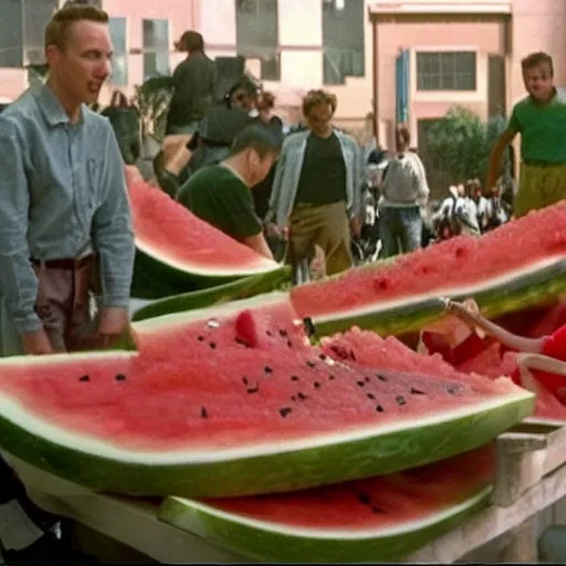 Image similar to a giant watermelon rampage town , movie scene