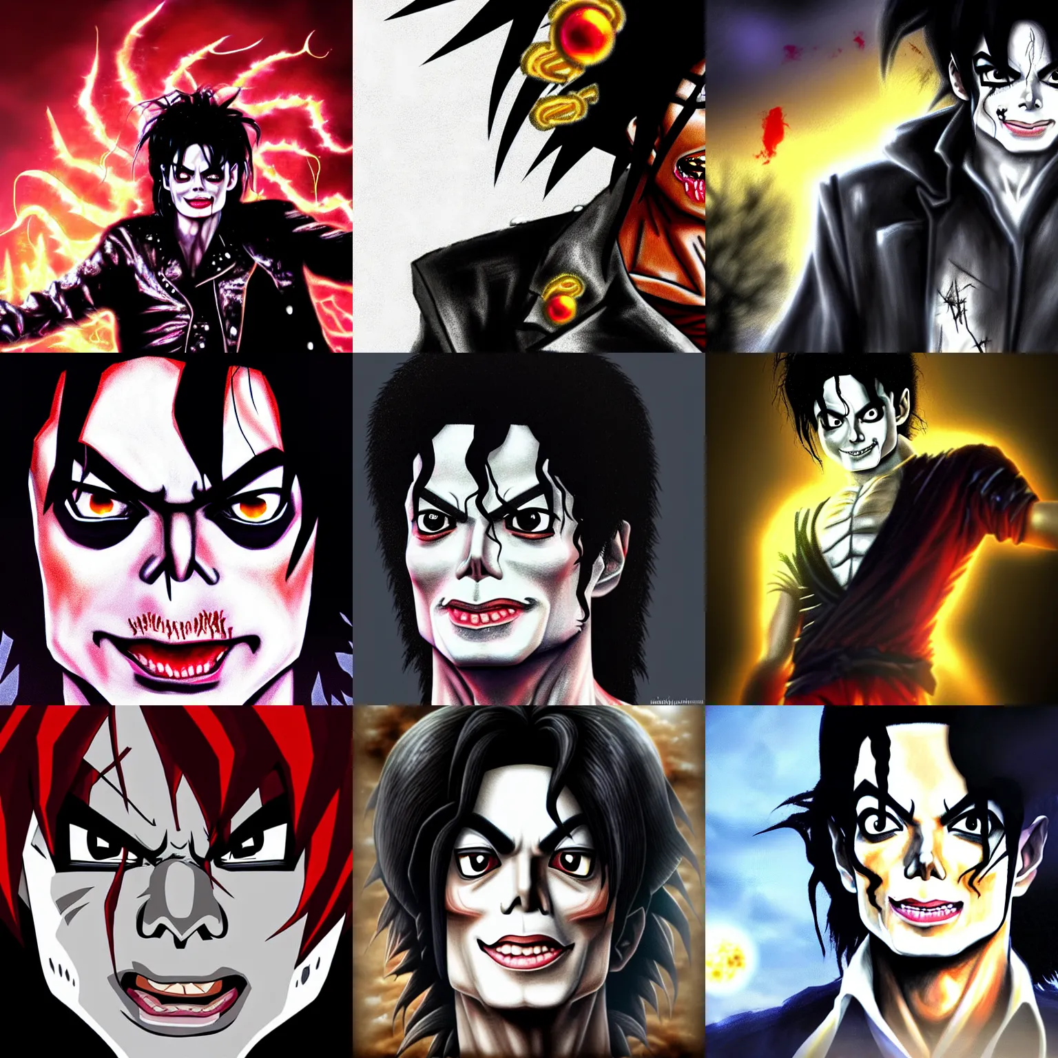 Prompt: michael jackson!!!! realistic dramatic !big face realistic close up concept art of michael jackson rockstar zombie as a dragon ball Z character,dark eye sockets, graveyard landscape at night , 4k anime character illustration by akira toriyama, artstation