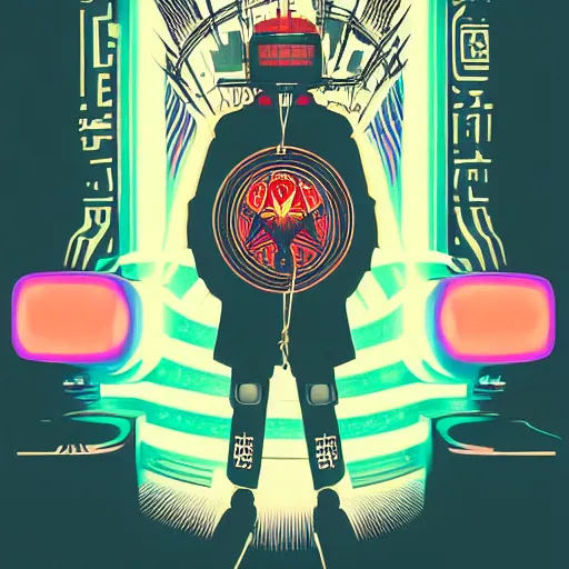 Image similar to !dream Illustrated by Shepard Fairey and H.R. Geiger | Cyberpunk Soviet Samurai with VR helmet, surrounded by cables