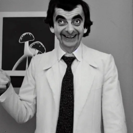 Image similar to 1980s archival photo of Mr Bean smiling sinisterly with a mushroom cloud behind him