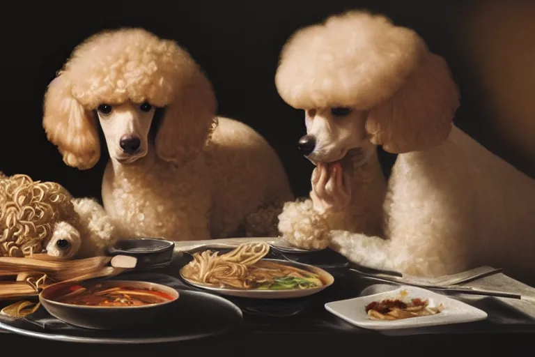 Image similar to portrait of a poodle, eating pho soup, beautiful detailed intricate insanely detailed octane render, 8k artistic photography, photorealistic, chiaroscuro, by David Cronenberg, Raphael, Caravaggio