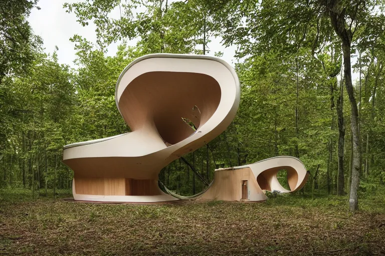 Image similar to A unique innovative and creative eco community of small affordable and contemporary creative cabins in a lush green forest with soft rounded corners and angles, 3D printed line texture, made of cement, connected by sidewalks, public space, and a park, Design and style by Zaha Hadid, Wes Anderson and Gucci