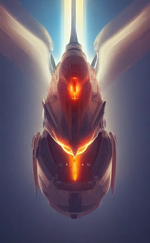 Prompt: a spaceship in the shape of a phoenix bird, robot, portrait, fire, ash, electricity lightning, furry, soft, concept art, sharp focus, intricate details, highly detailed, photorealistic, disney pixar, octane render, iridescent, anime, 8 k